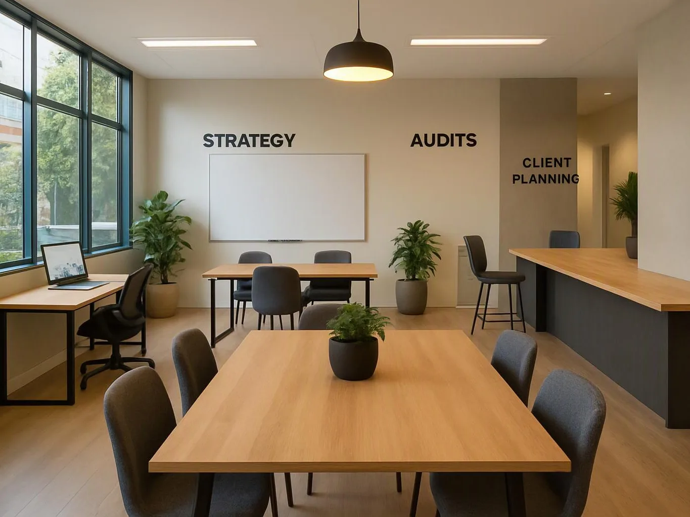 A bright office meeting room has empty tables, gray chairs, potted plants, and wall words reading strategy, audits