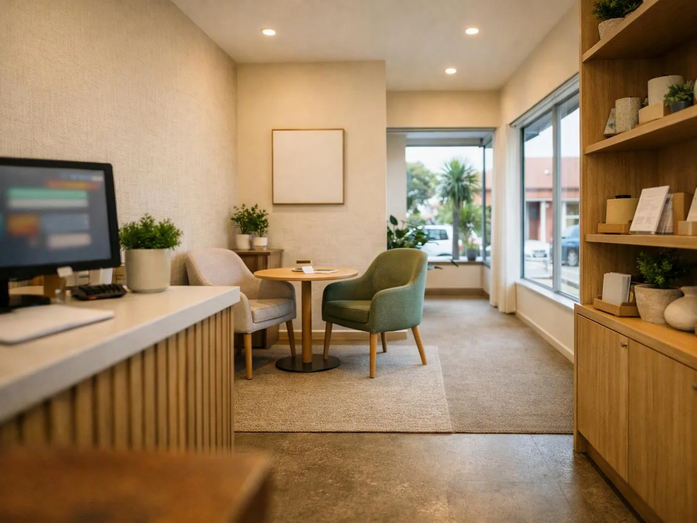 A cozy office lounge shows two chairs around a small table, with shelves, plants, and windows outside