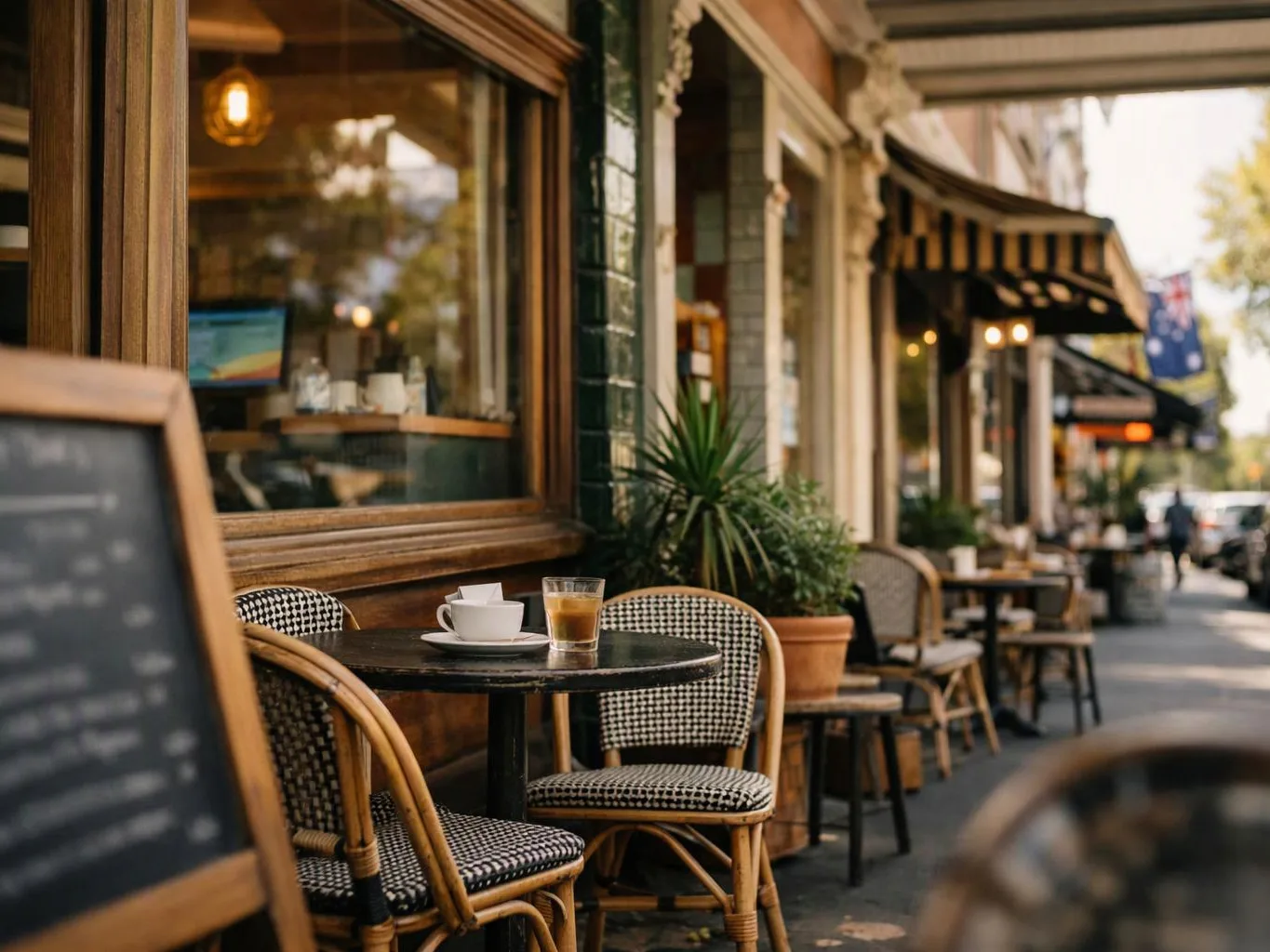 Empty café tables line a sidewalk, with wicker chairs, a coffee cup, and a glass on one table