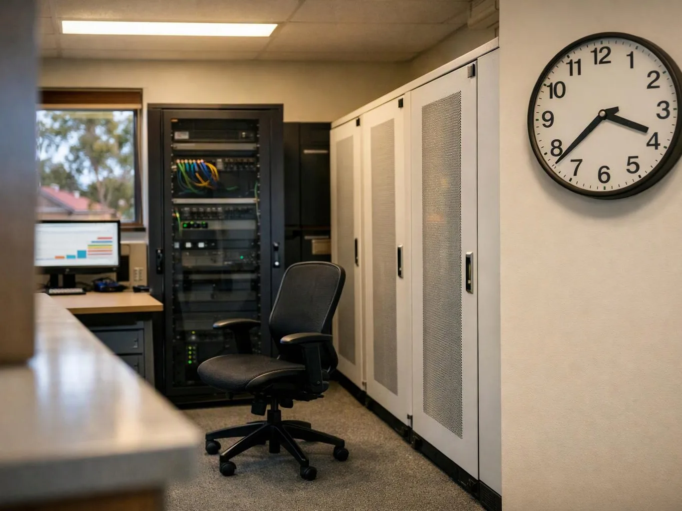 An empty server room shows racks, a desk with a monitor, a rolling chair, and a wall clock