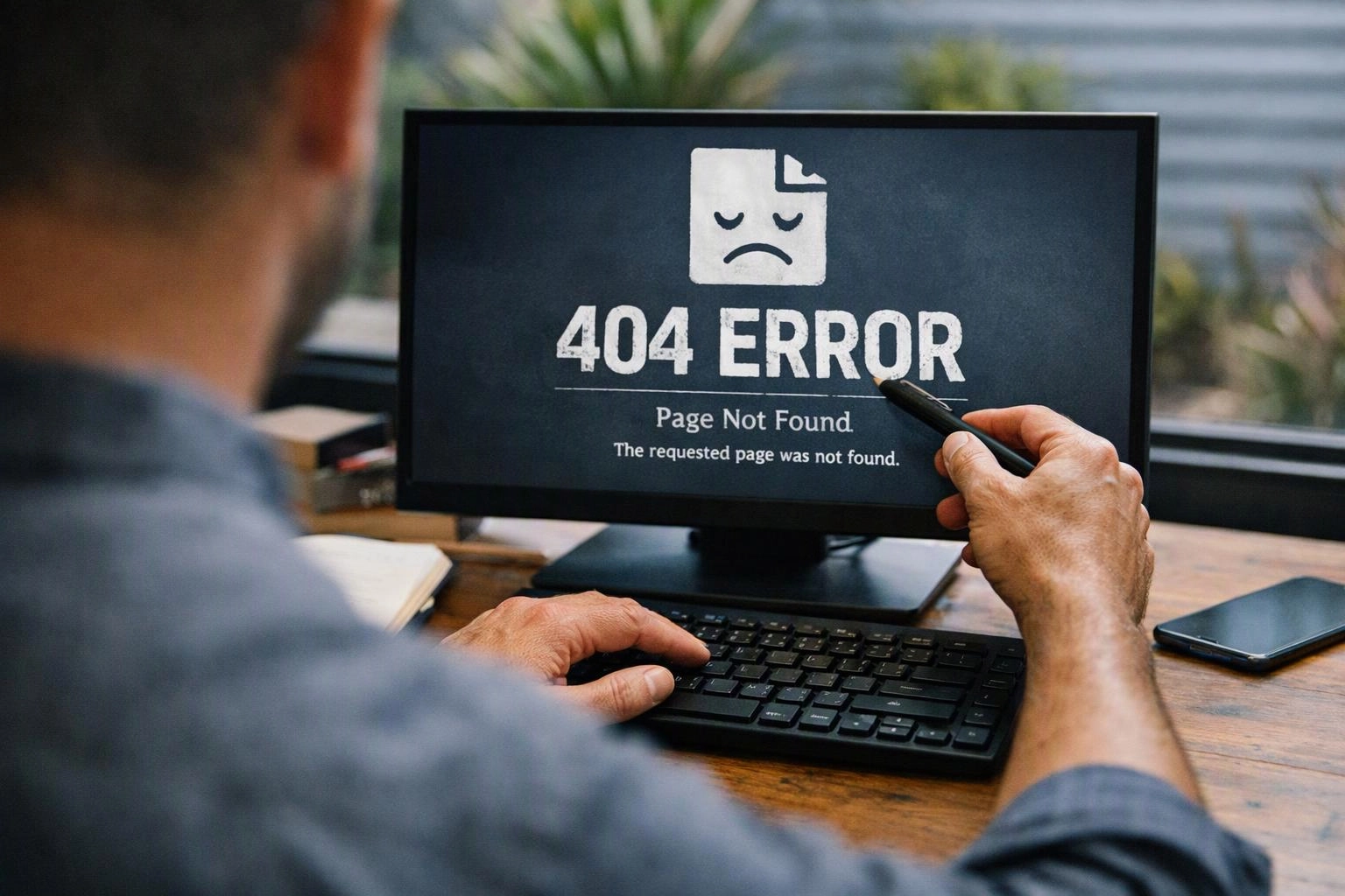 Person at a desk points at a monitor showing a “404 ERROR” page not found message