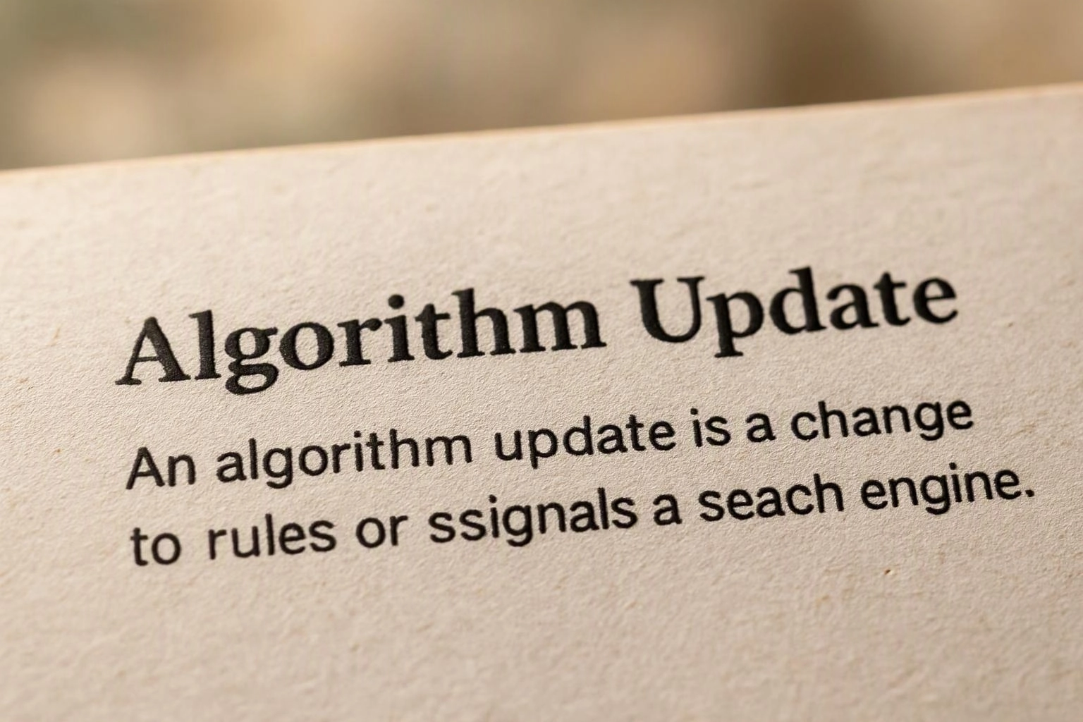 Close-up of a printed page titled “Algorithm Update” with a short definition beneath it