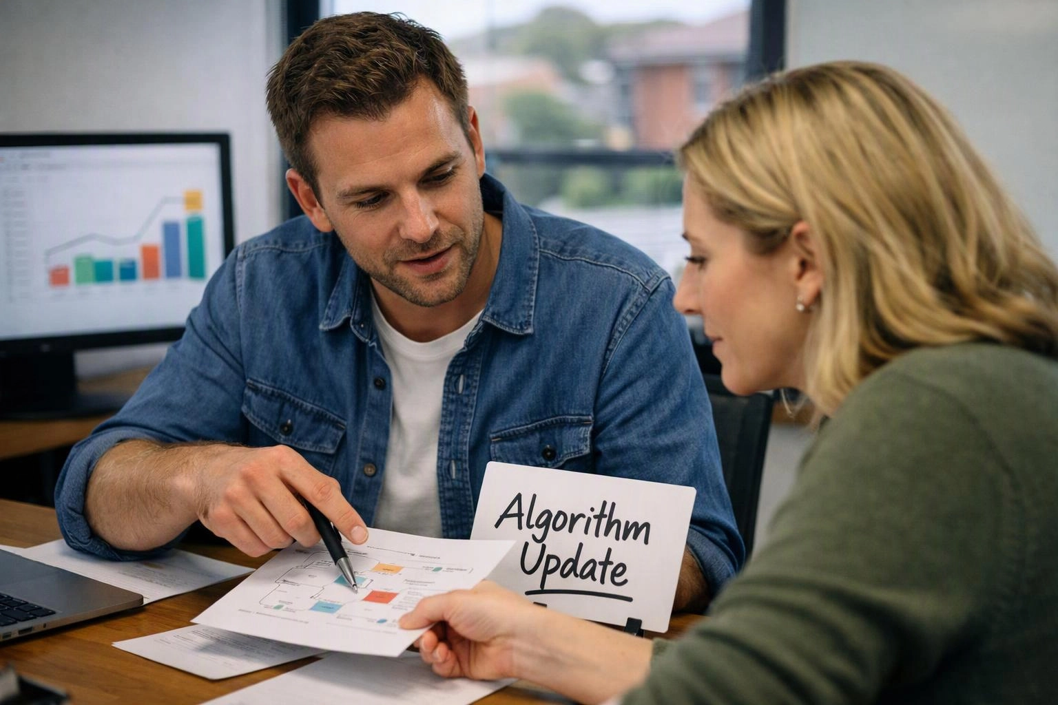 Two coworkers review a chart at a desk, with a sign reading “Algorithm Update” beside them