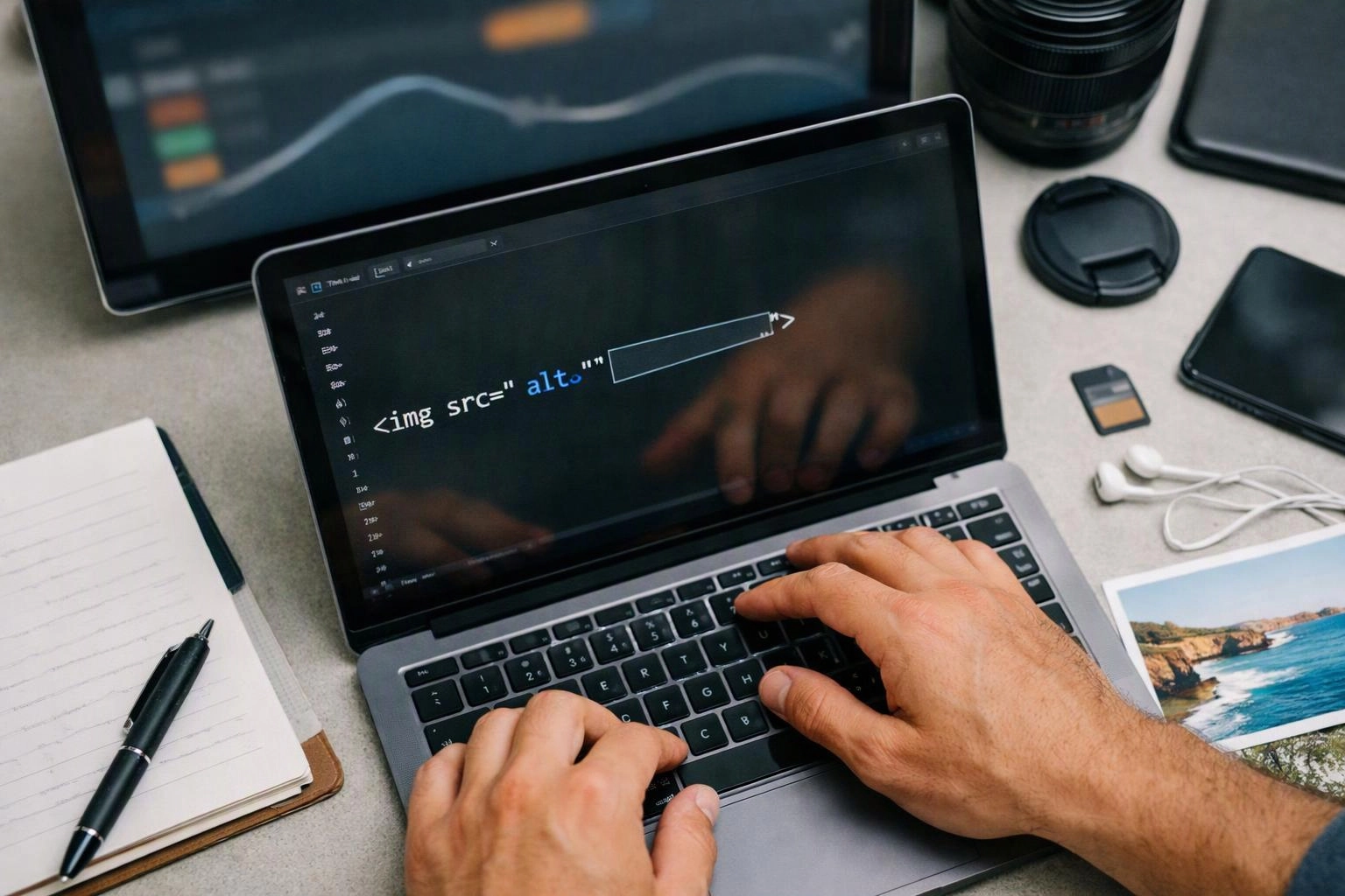 Hands type on a laptop showing an HTML img tag with alt text on a desk with camera gear and notes