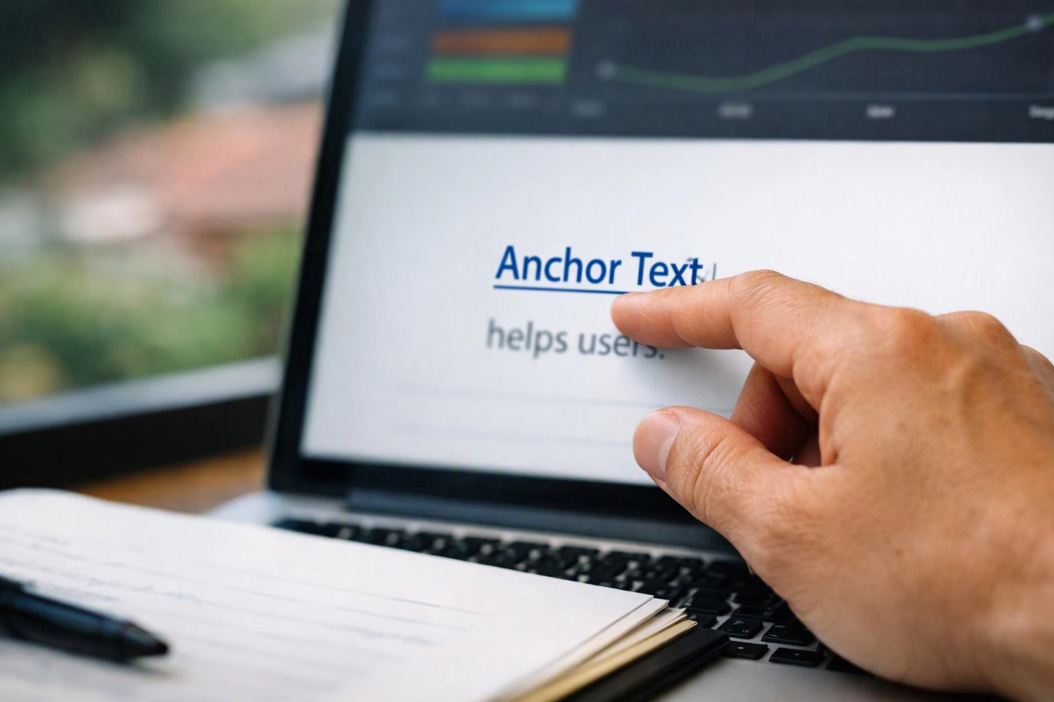 A hand points at a laptop screen showing the words “Anchor Text” and “helps users”