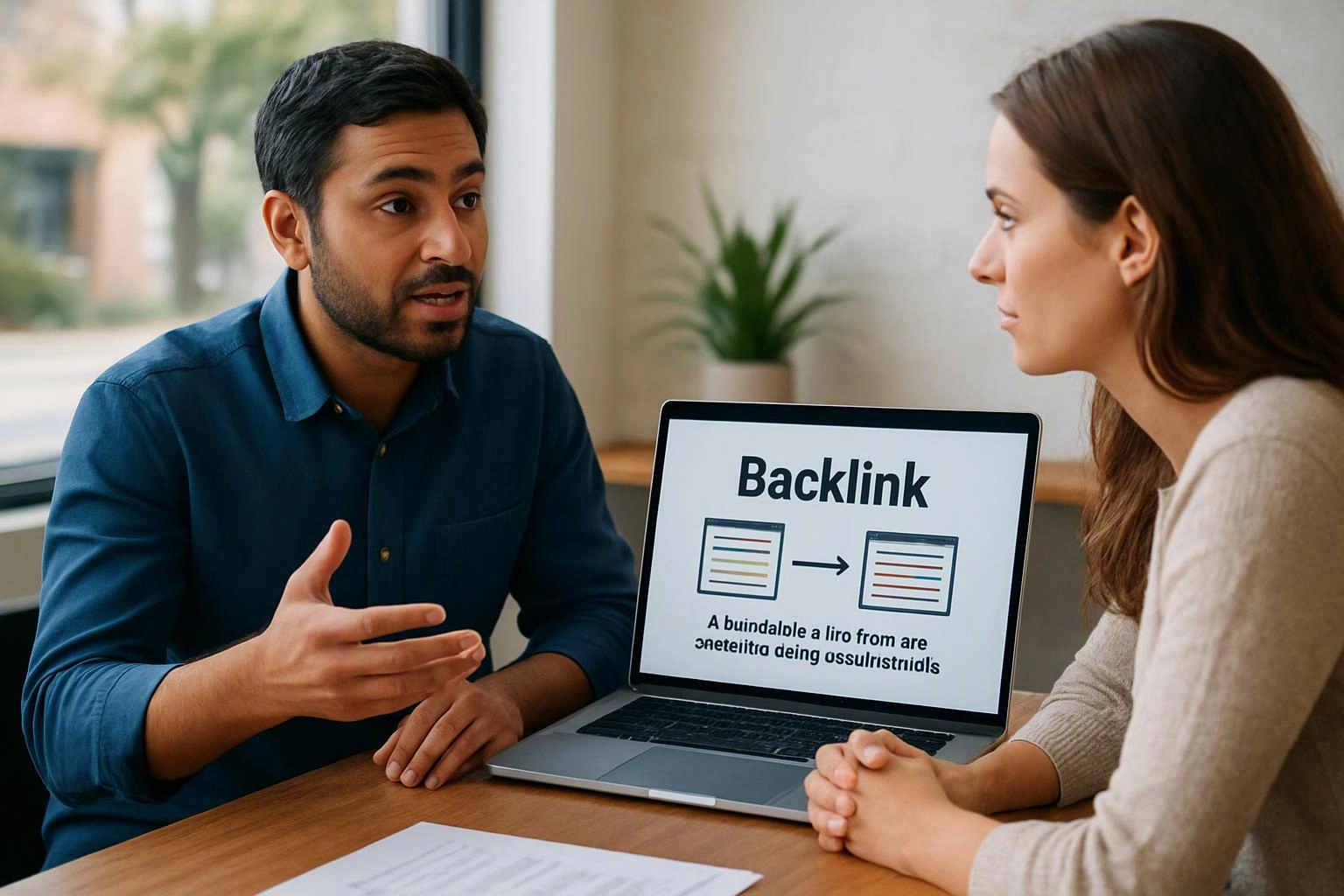 Two people sit at a table discussing a laptop screen that shows the word “Backlink” and simple diagrams