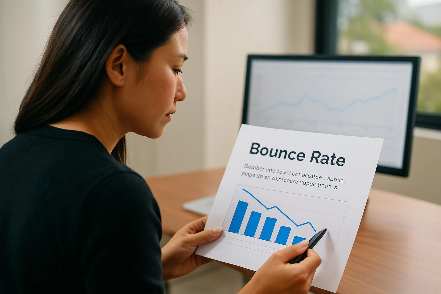 A woman studies a report titled “Bounce Rate” while holding a pen at a desk with a monitor in the background