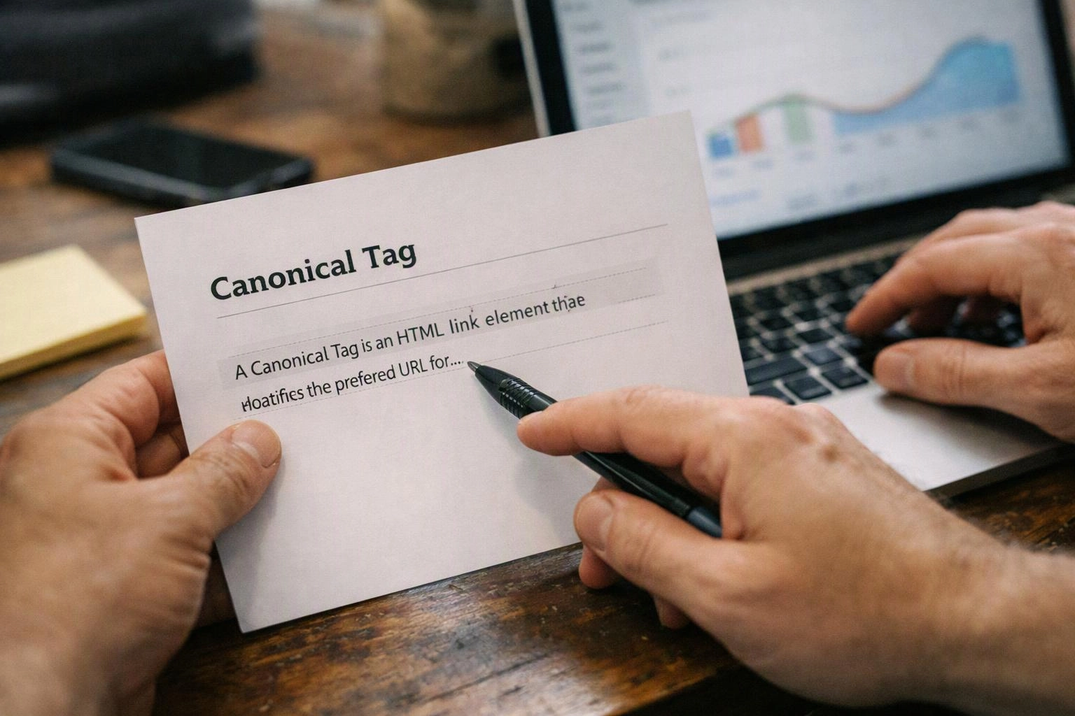 Hands hold a card labeled Canonical Tag while a pen points at text beside a laptop on a desk