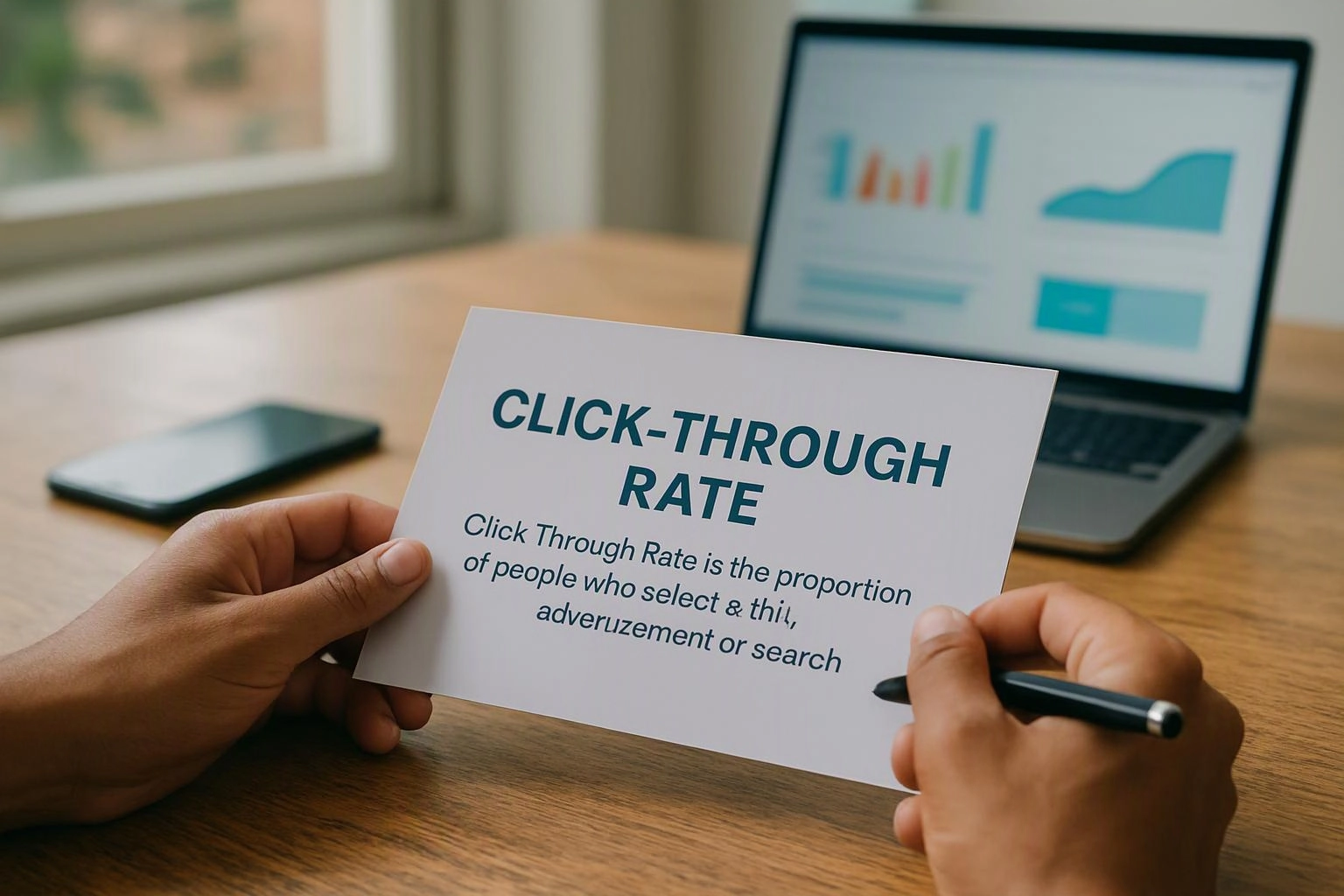 Hands hold a card reading "CLICK-THROUGH RATE" beside a laptop with charts on a wooden desk