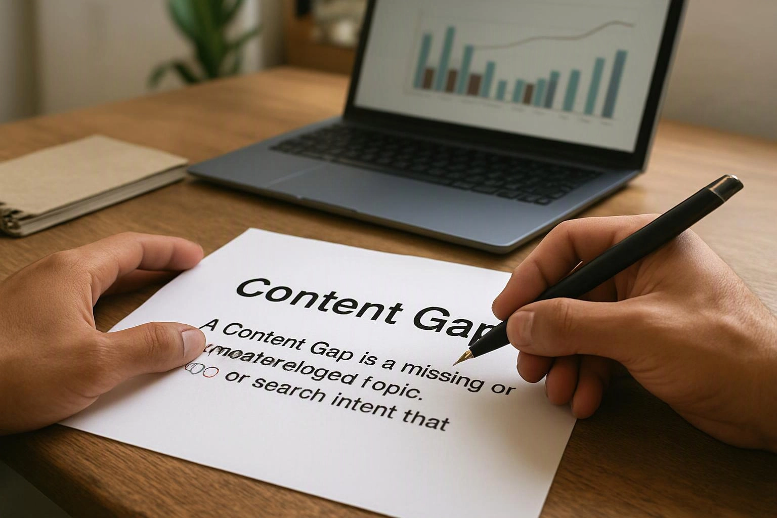 Hands write on a paper titled "Content Gap" beside a laptop showing a bar chart on a wooden desk