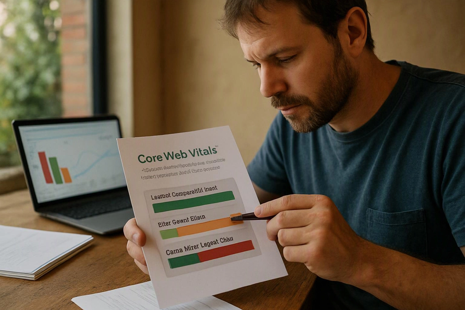 A man studies a paper chart labeled “Core Web Vitals” while using a laptop at a wooden desk