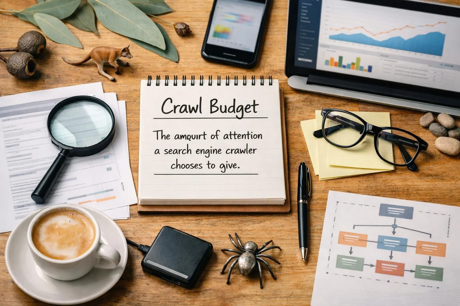 A desk still life shows notes, charts, glasses, a magnifier, coffee, devices, and a notebook labeled Crawl Budget