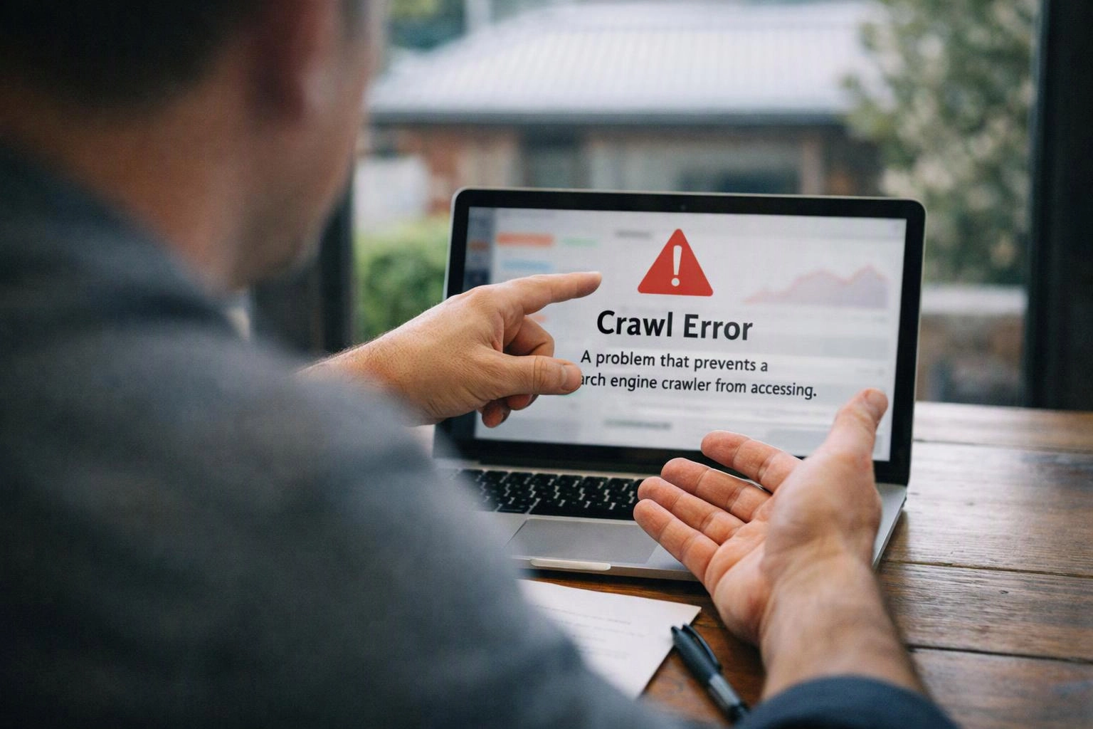 A person points at a laptop showing a “Crawl Error” warning on a wooden table by a window