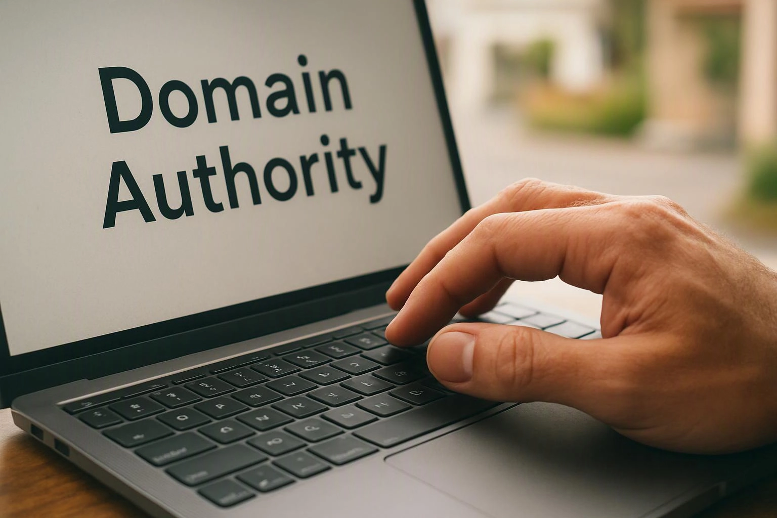 A hand types on a laptop beside the words Domain Authority on the screen