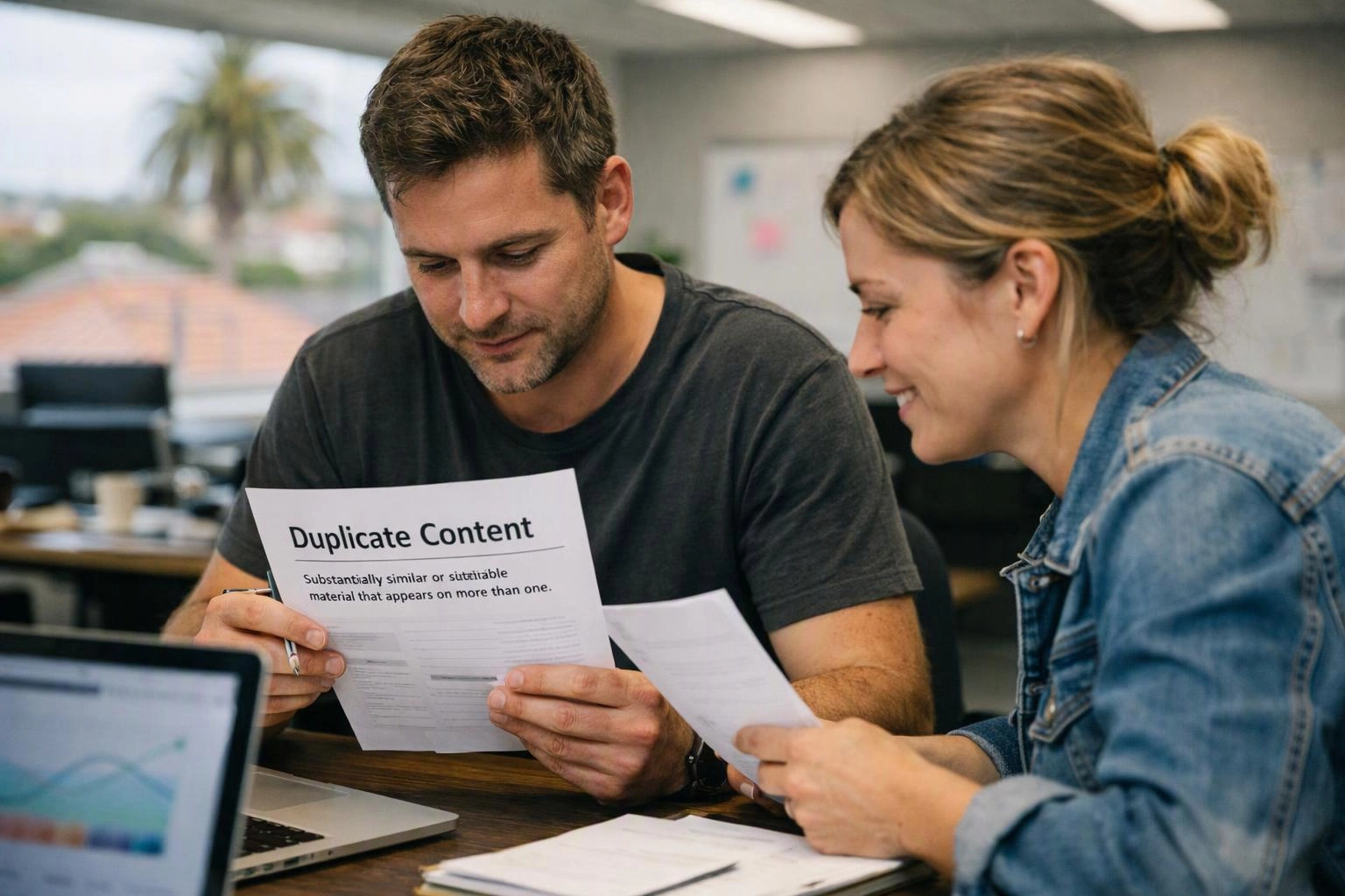 Two coworkers review printed pages at a desk, one sheet reading “Duplicate Content” in an office setting