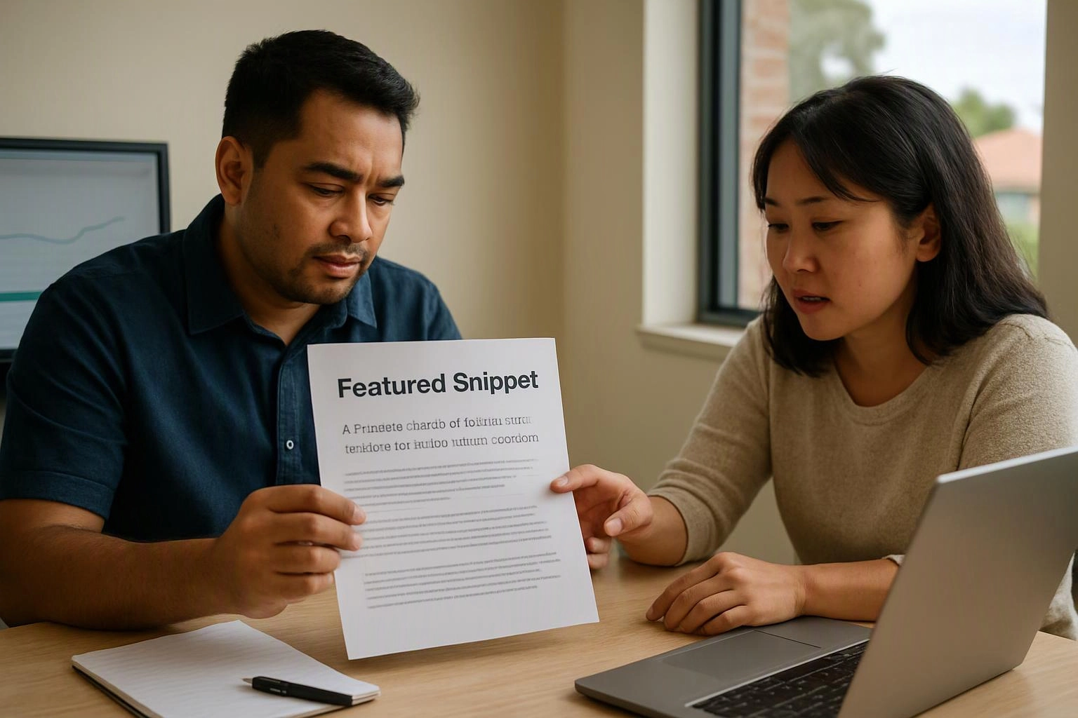 Two people study a printed page titled “Featured Snippet” beside an open laptop at a desk in a bright office