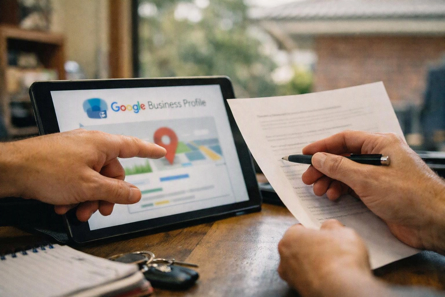 Hands point at a tablet showing a business profile page beside a paper document on a wooden table