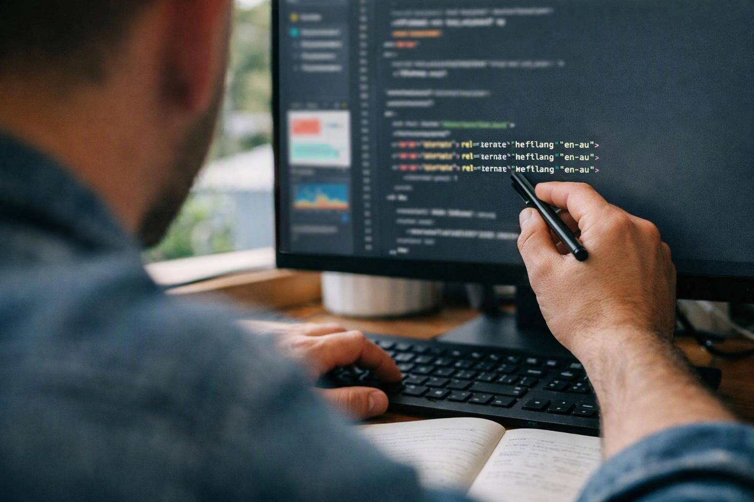 A person points at code on a desktop monitor while using a keyboard at a desk with an open notebook