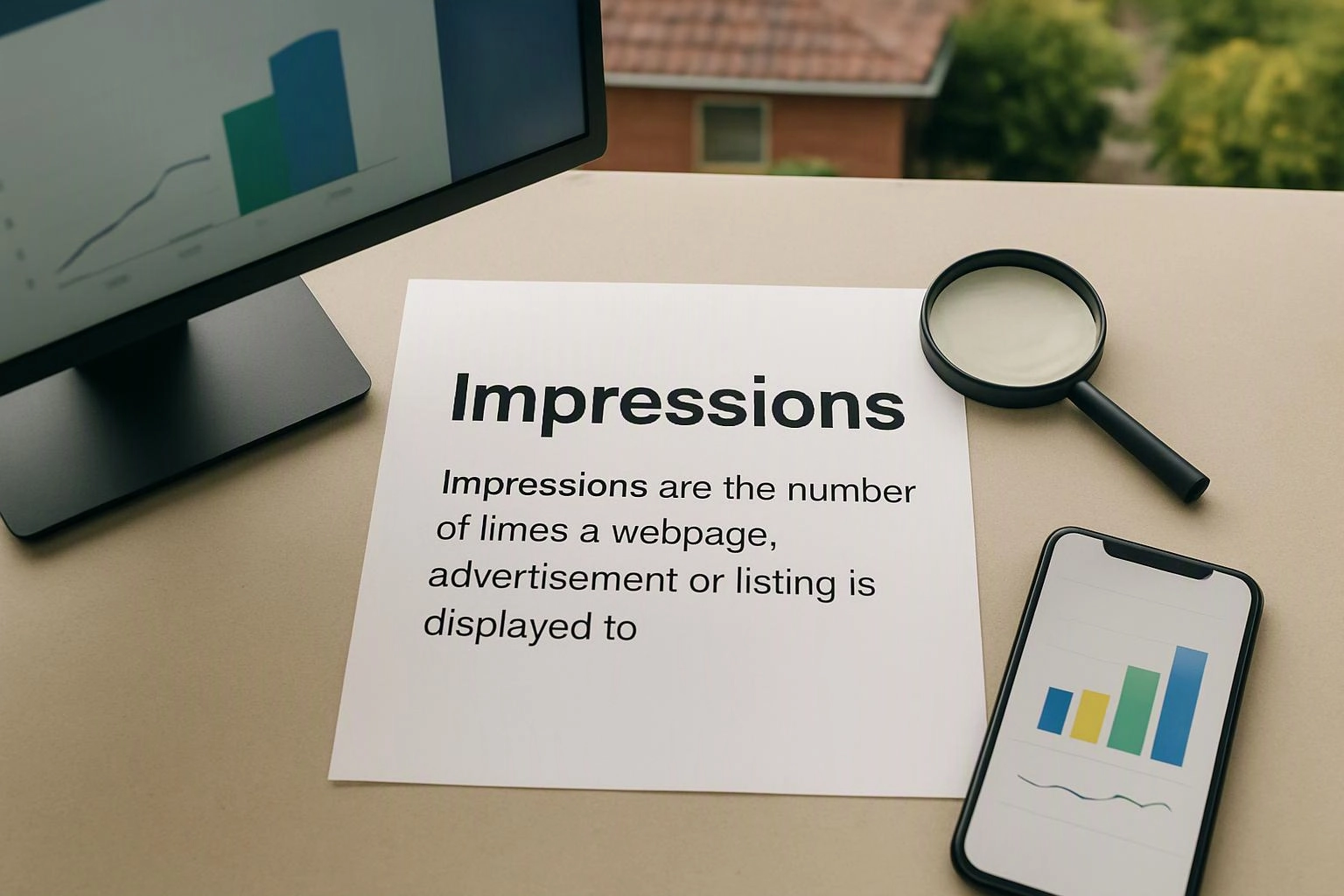 A desk holds a paper titled “Impressions,” a magnifying glass, and two screens showing simple bar charts