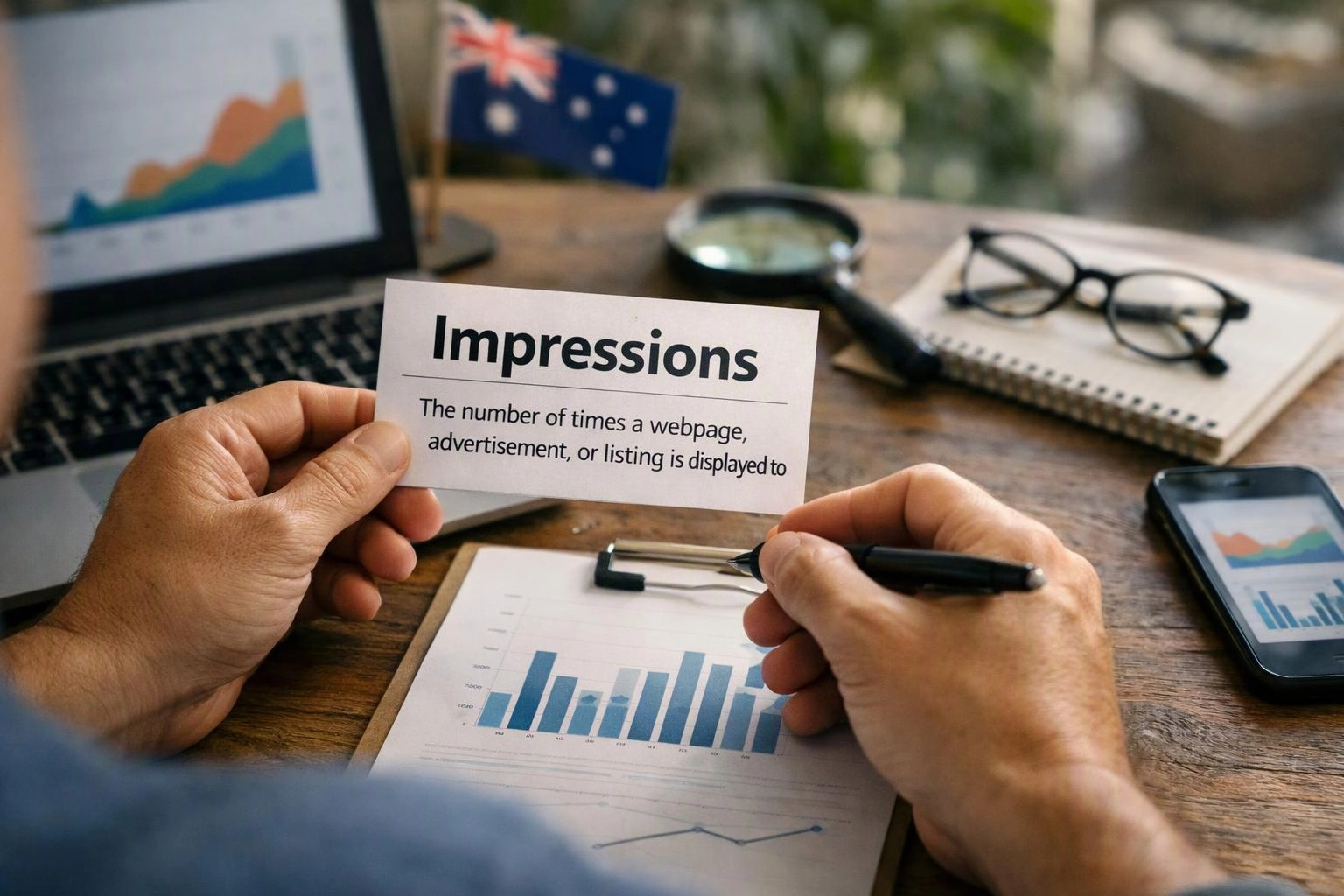 Hands hold an “Impressions” card over a desk with charts, a laptop, glasses, and a magnifying glass