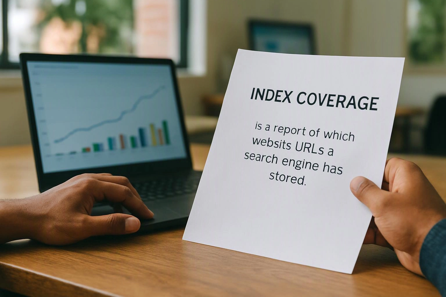Hands hold a paper about index coverage beside a laptop showing charts on a wooden table