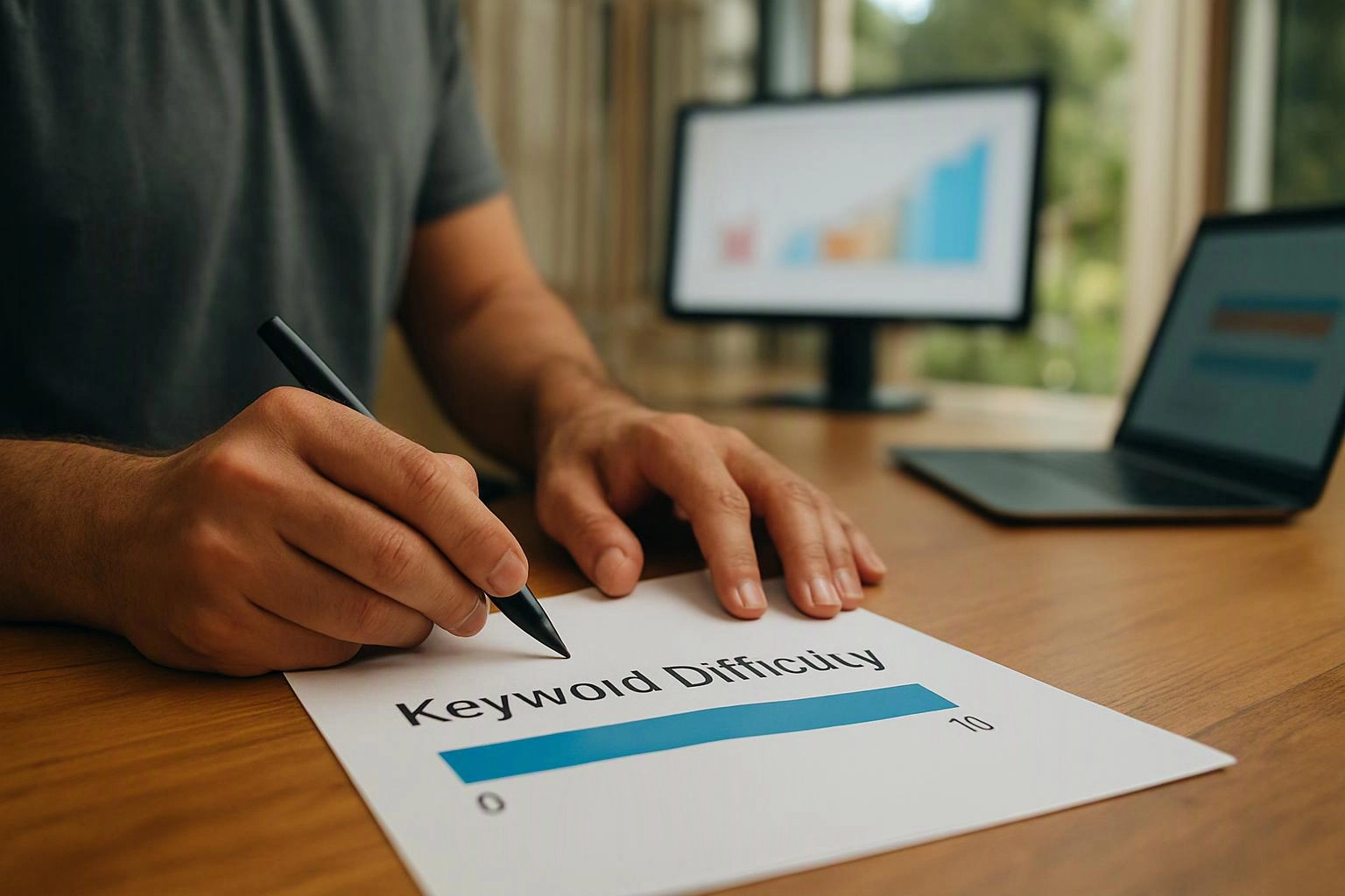 A person writes on a paper chart labeled “Keyword Difficulty” at a wooden desk with monitors in the background