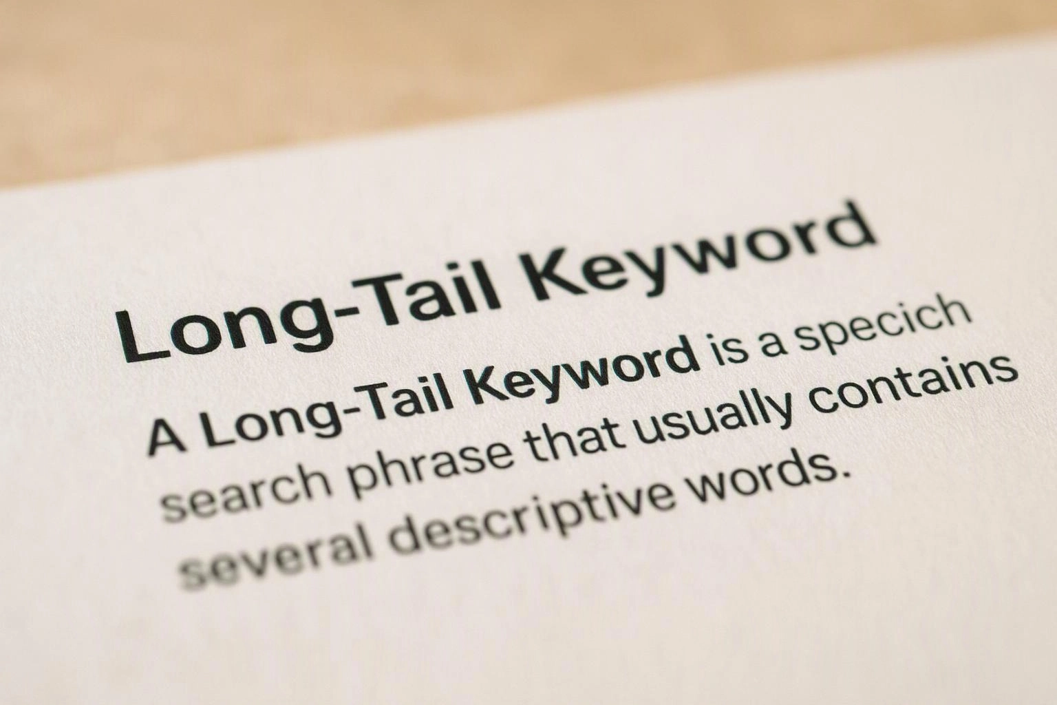 Close-up of a printed page showing the heading "Long-Tail Keyword" and a short definition beneath it