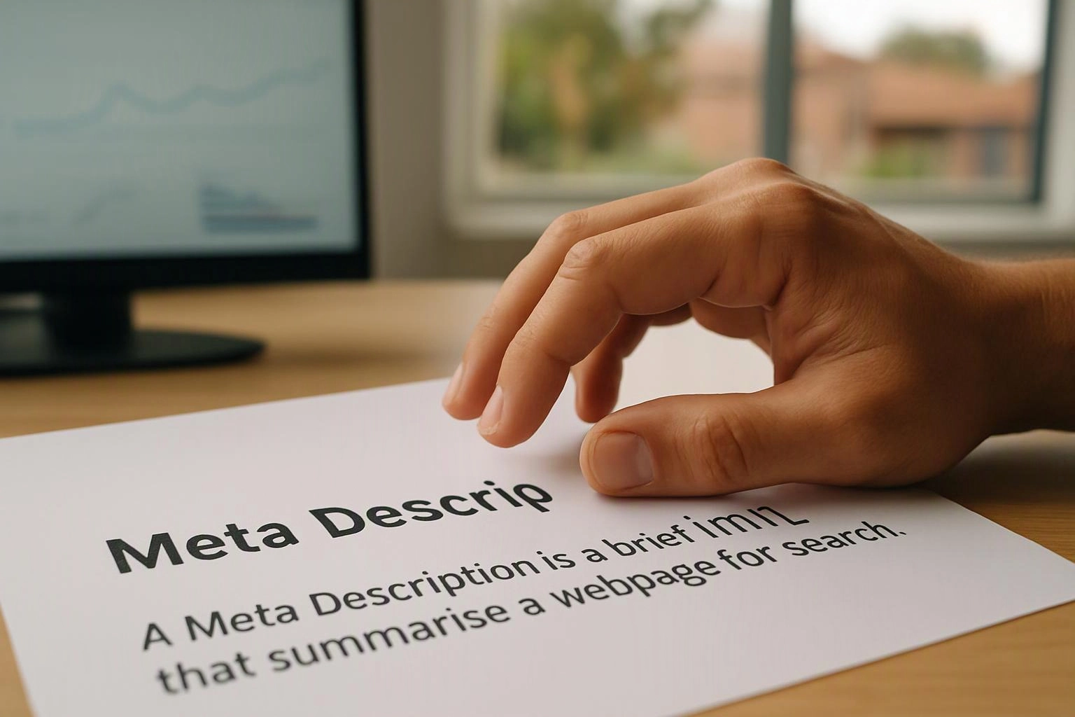 A hand hovers over a printed sheet about meta descriptions on a desk near a monitor and window
