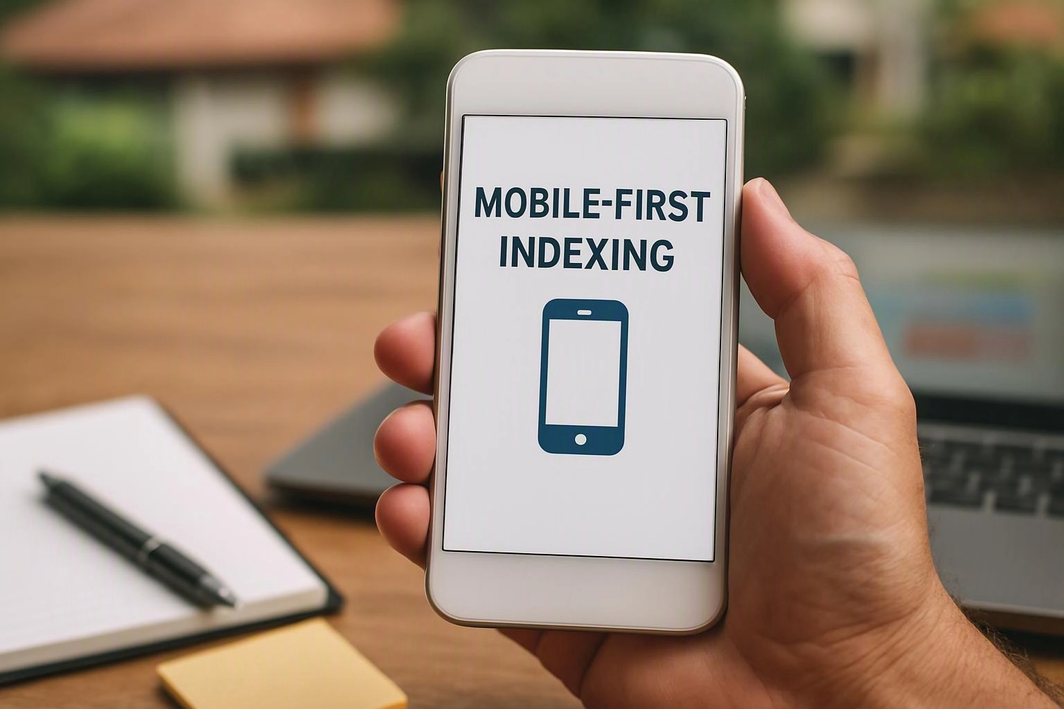 A hand holds a smartphone showing “MOBILE-FIRST INDEXING” and a phone icon beside a laptop, notebook, and pen on a desk