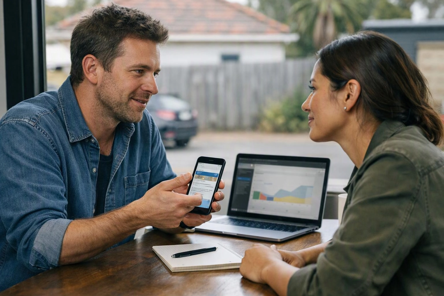 A man shows a smartphone to a woman across a table, with a laptop and notebook beside them in a cafe