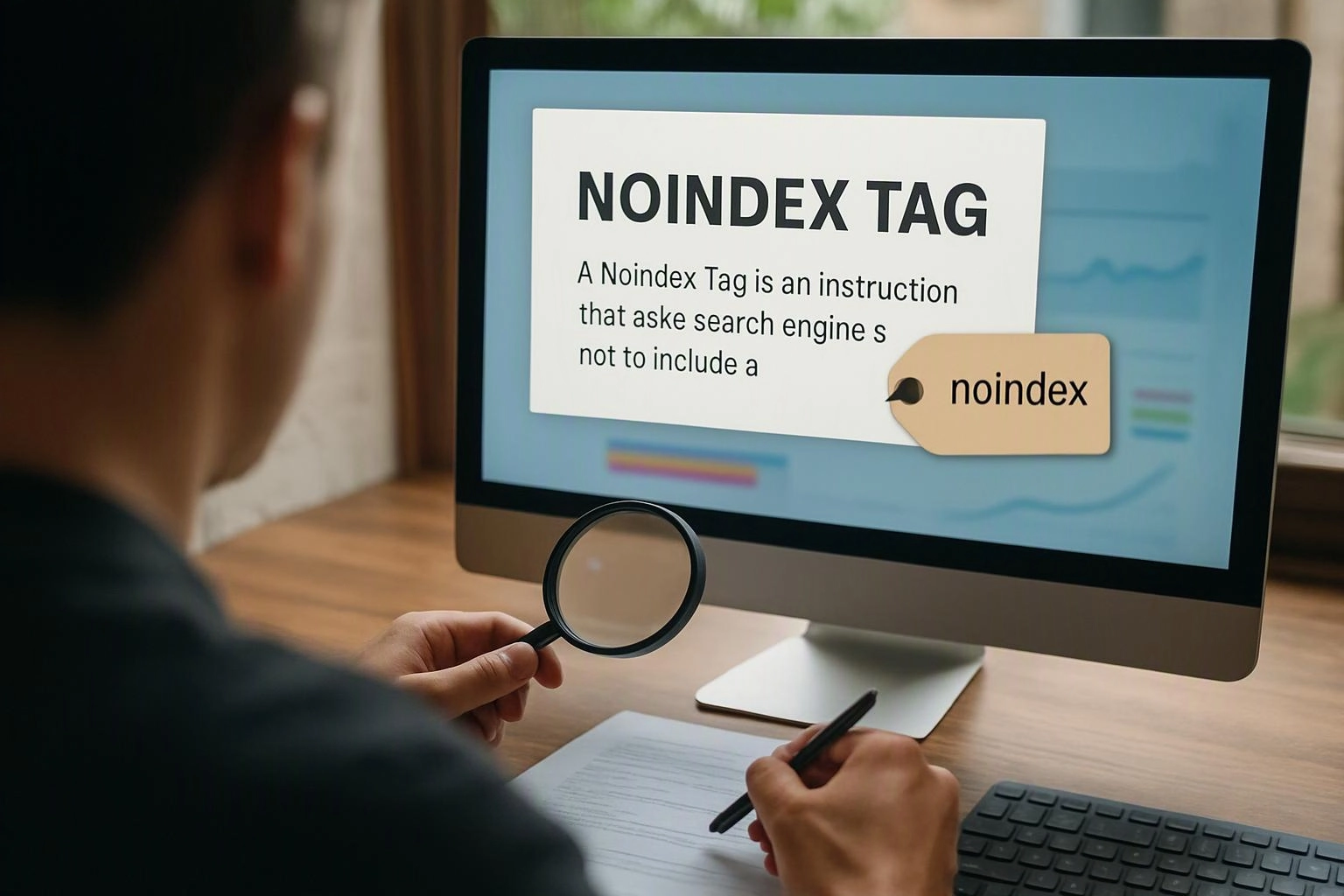 A person examines a desktop monitor showing a “NOINDEX TAG” graphic while holding a magnifying glass and pen at a desk