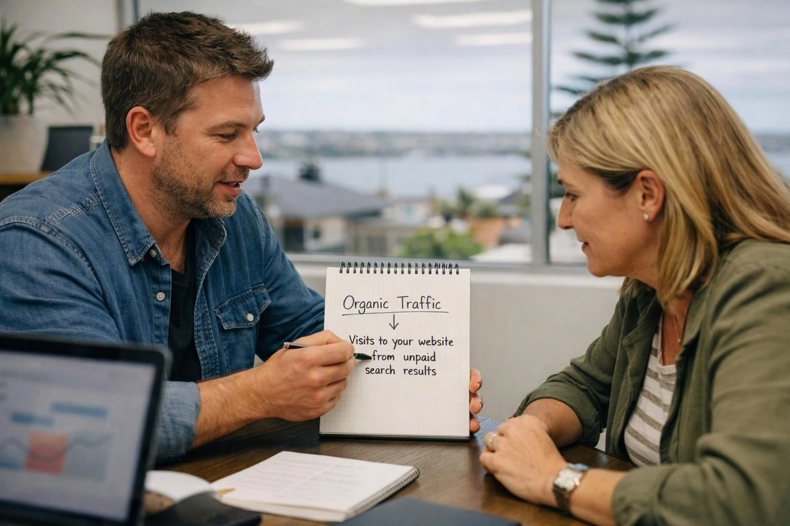 Two coworkers discuss organic traffic beside a notebook page in a bright office meeting room