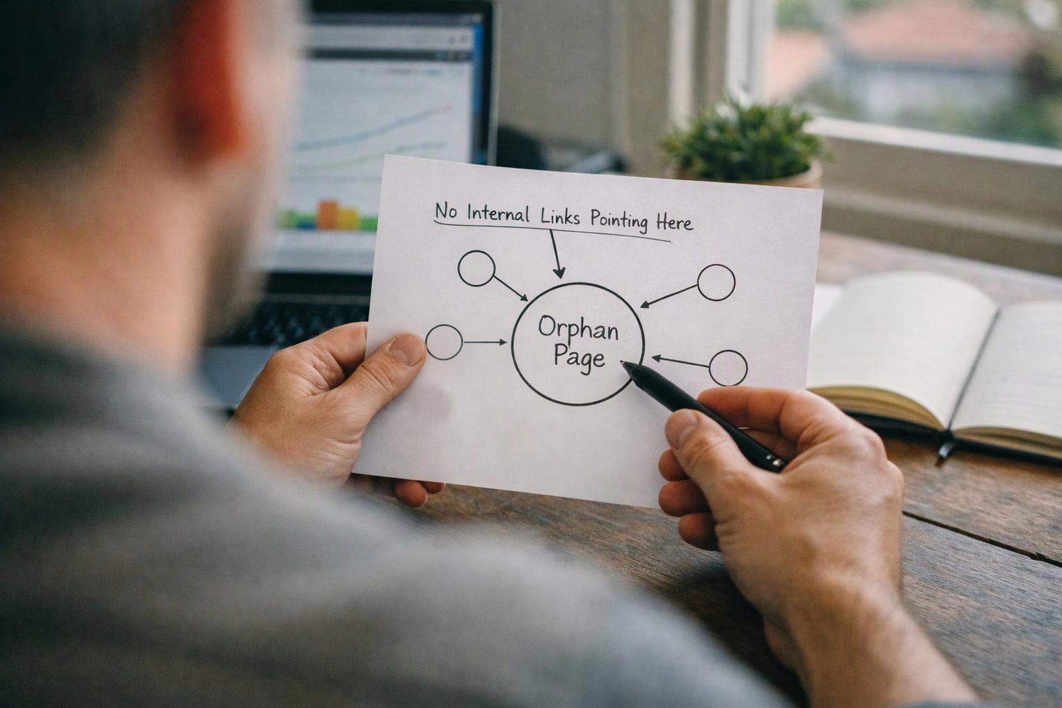 A person points at a paper diagram labeled “Orphan Page” on a desk beside a laptop and notebook