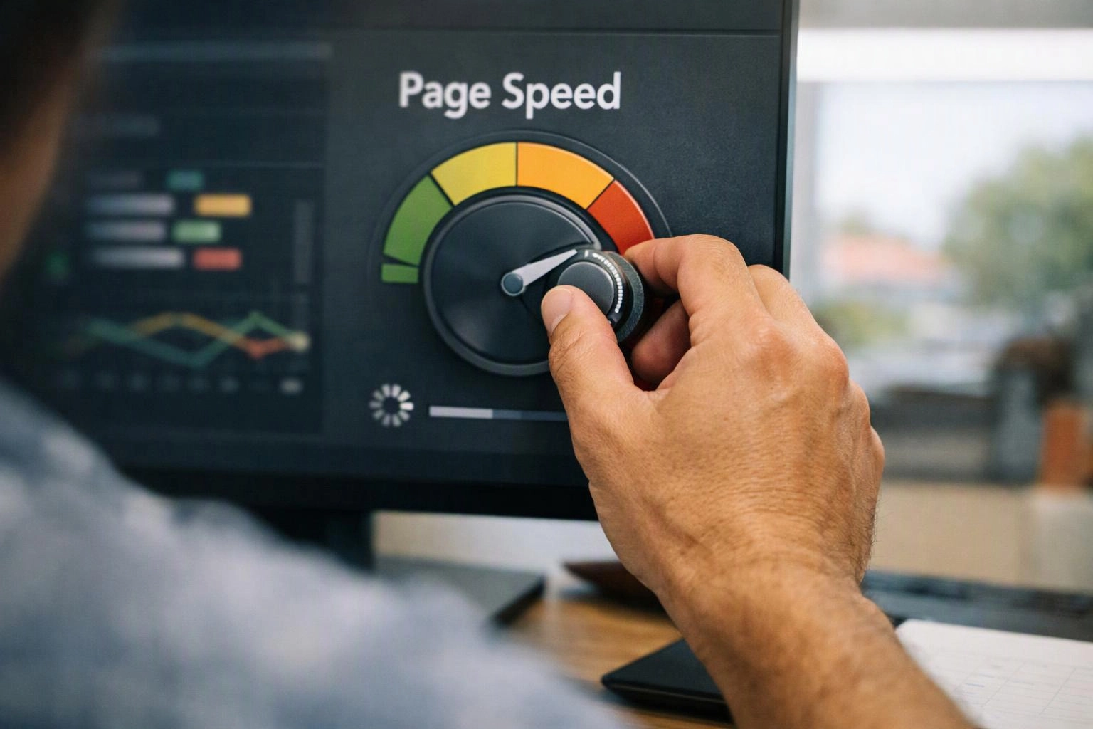 A hand turns a dial on a monitor showing a Page Speed gauge with colored performance segments