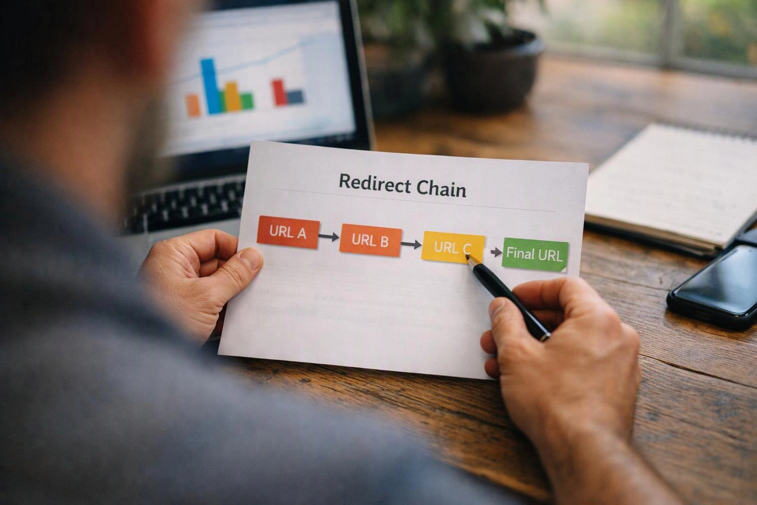 Person points at a paper labeled “Redirect Chain” beside a laptop on a wooden desk