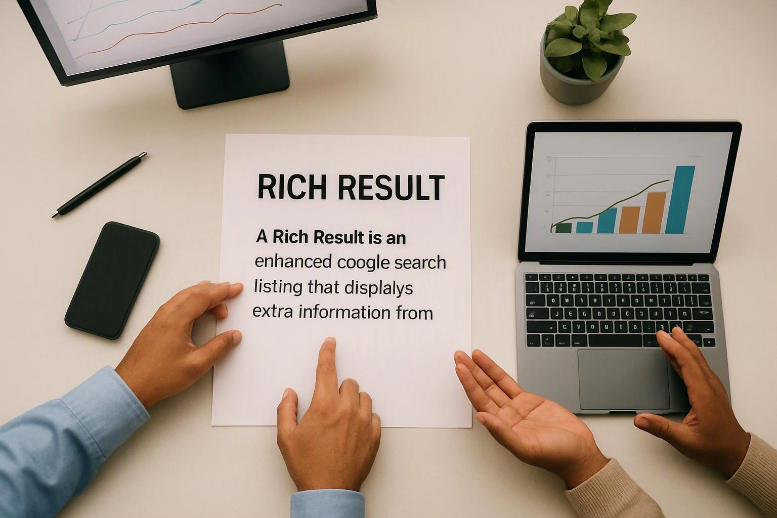 Hands point to a paper titled “RICH RESULT” beside a laptop, phone, pen, plant, and chart screens on a desk