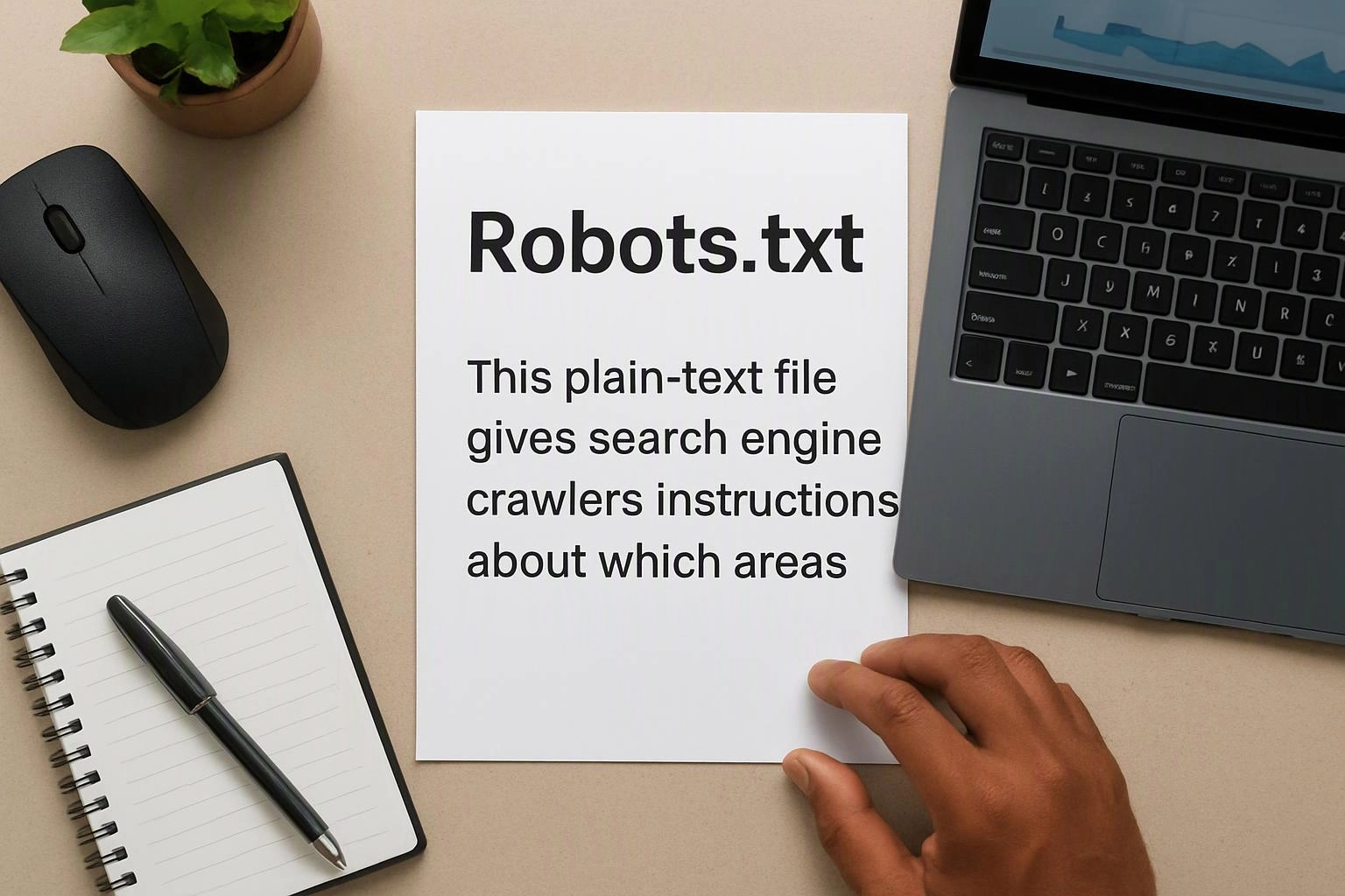 A hand holds a paper labeled Robots.txt beside a laptop, mouse, notebook, pen, and small plant on a desk
