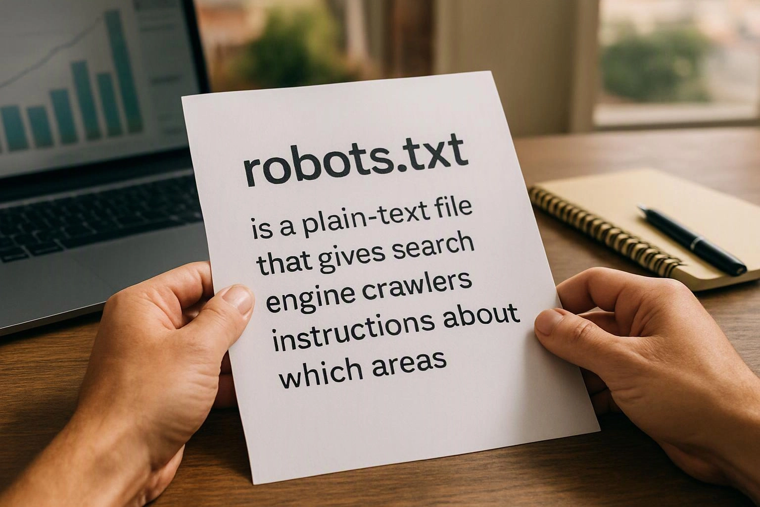 Hands hold a paper reading “robots.txt” beside a laptop, notebook, and pen on a desk
