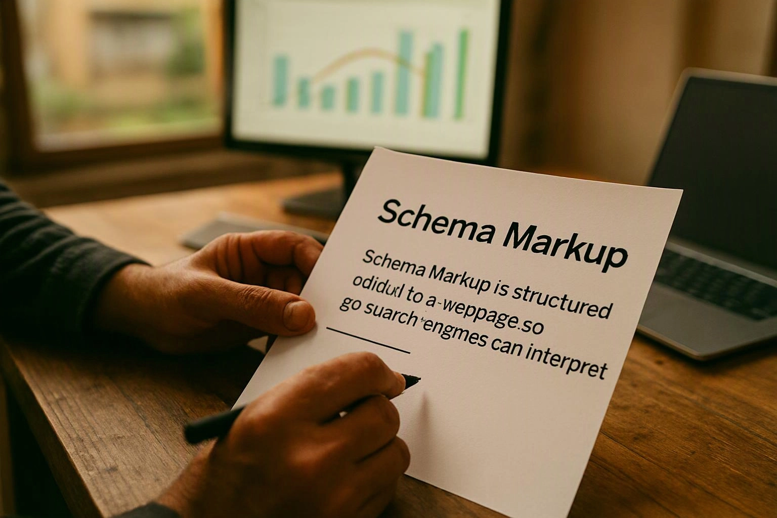 A person writes on a card titled "Schema Markup" beside a laptop and chart screens on a wooden desk