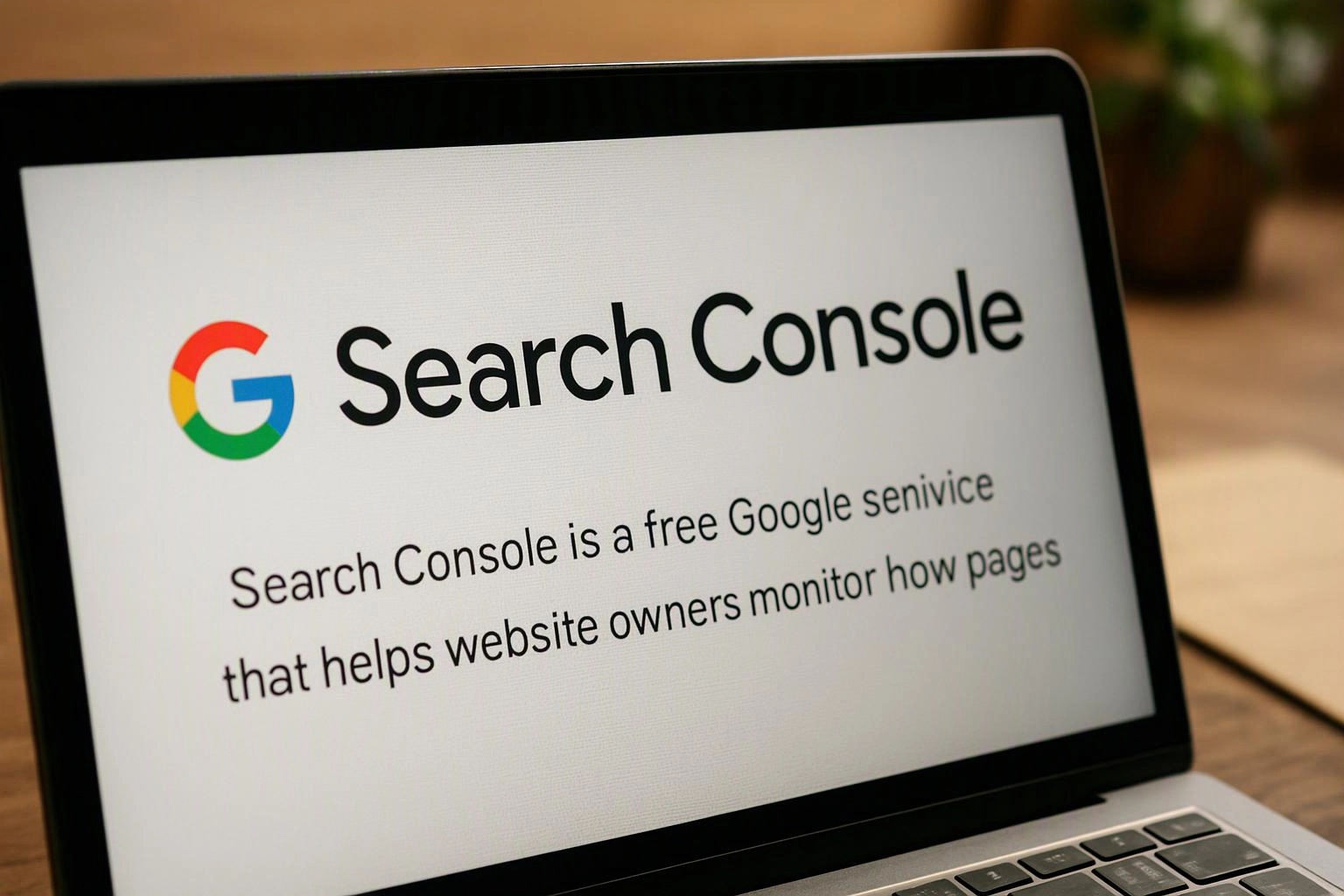 A laptop screen shows the Google Search Console logo and text on a desk