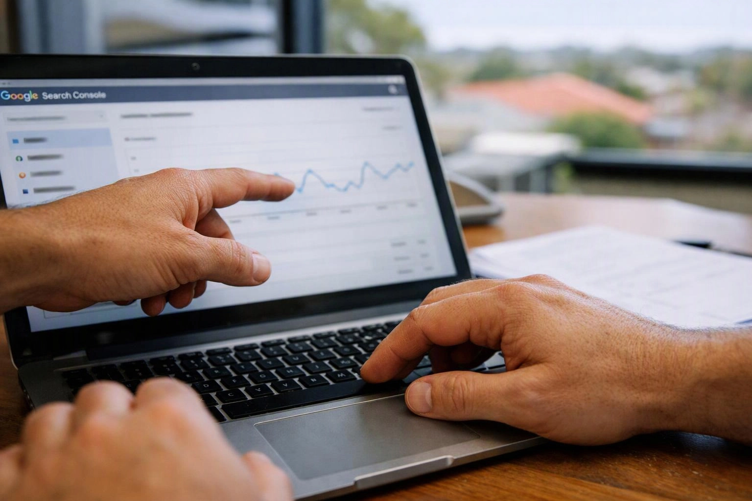 Two hands point and type on a laptop showing a search analytics graph on a desk by a window