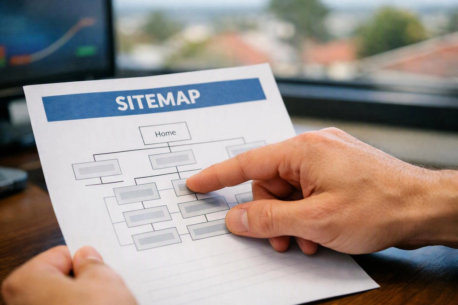 A hand points at a sitemap diagram on a printed sheet beside a desk monitor