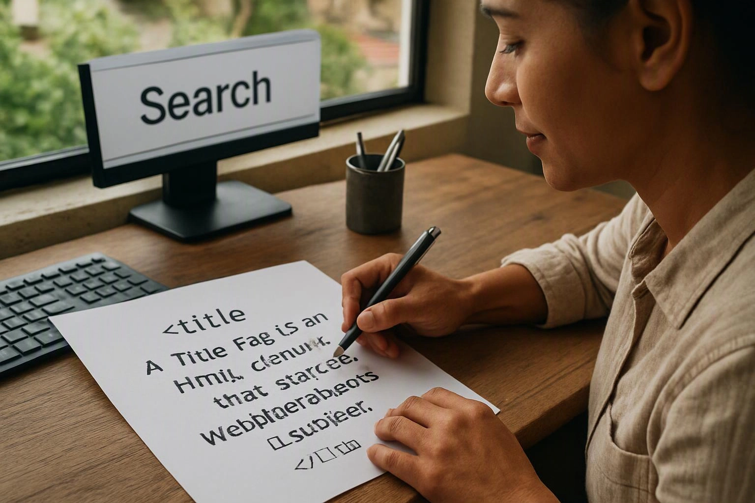 A person writes on a paper at a desk beside a monitor showing “Search”