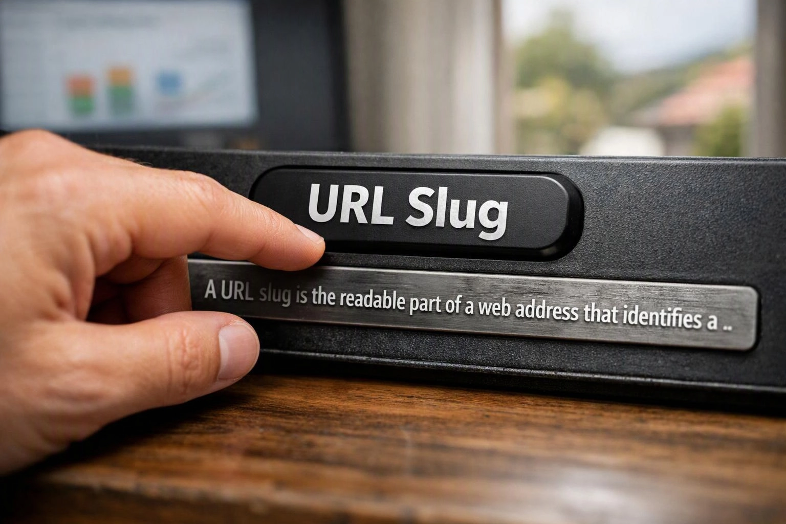 A hand points at a black label reading "URL Slug" on a desk display
