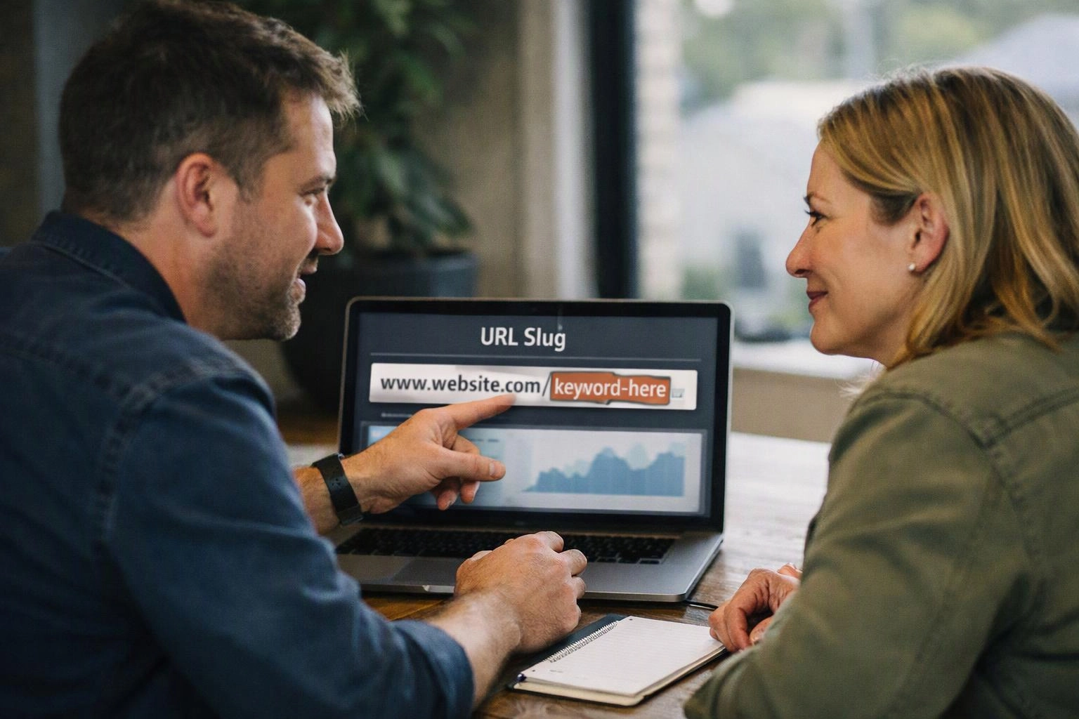 Two people sit at a table, pointing at a laptop screen that shows “URL Slug” and “keyword-here”