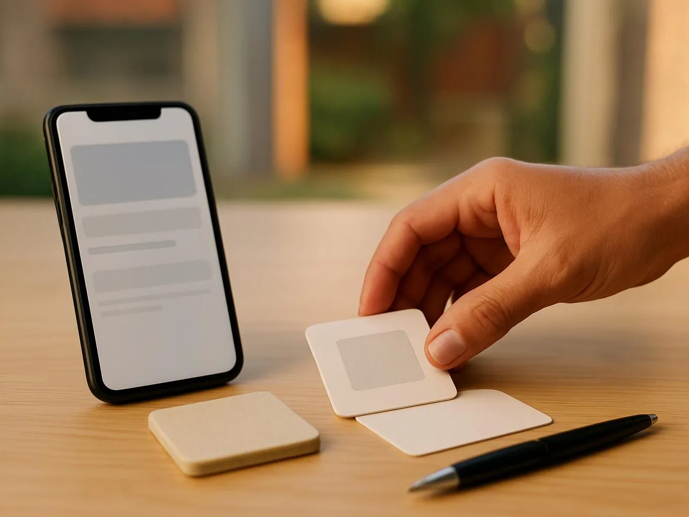 A hand places a small card beside a phone on a wooden table with a pen nearby