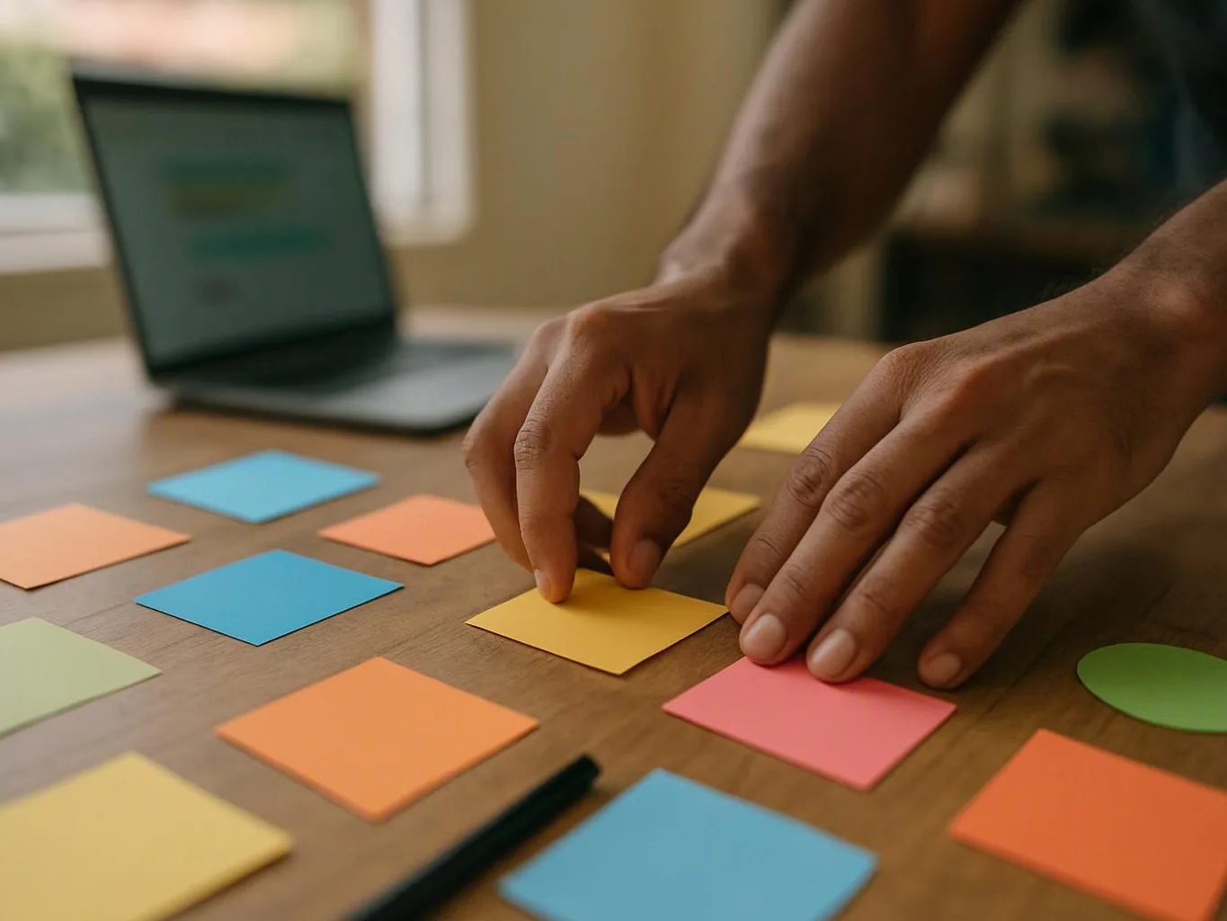 Hands arrange colorful sticky notes on a wooden table beside a blurred laptop