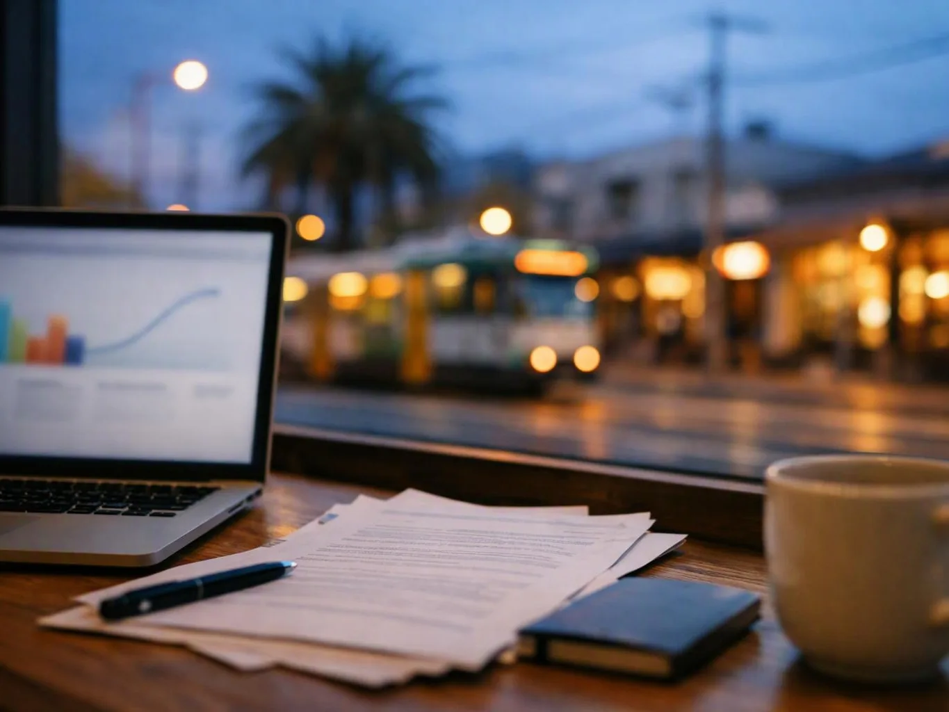 A laptop, papers, pen, notebook, and coffee cup sit by a window with a blurred street outside