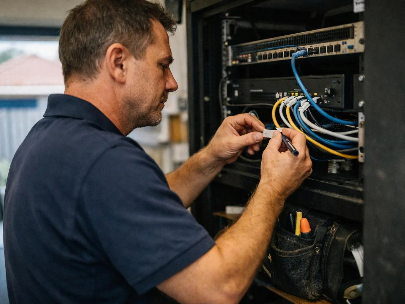 A man in a navy shirt labels cables inside an open network rack