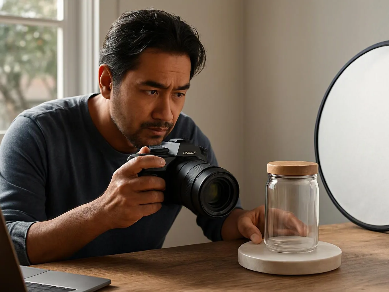 A man photographs a glass jar on a wooden table beside a laptop and light panel indoors